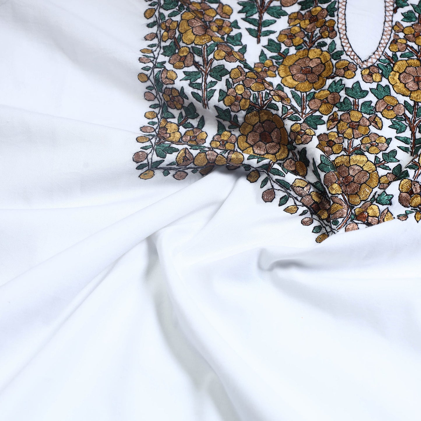  White 2pc Kashida Hand Embroidery Cotton Dress Material