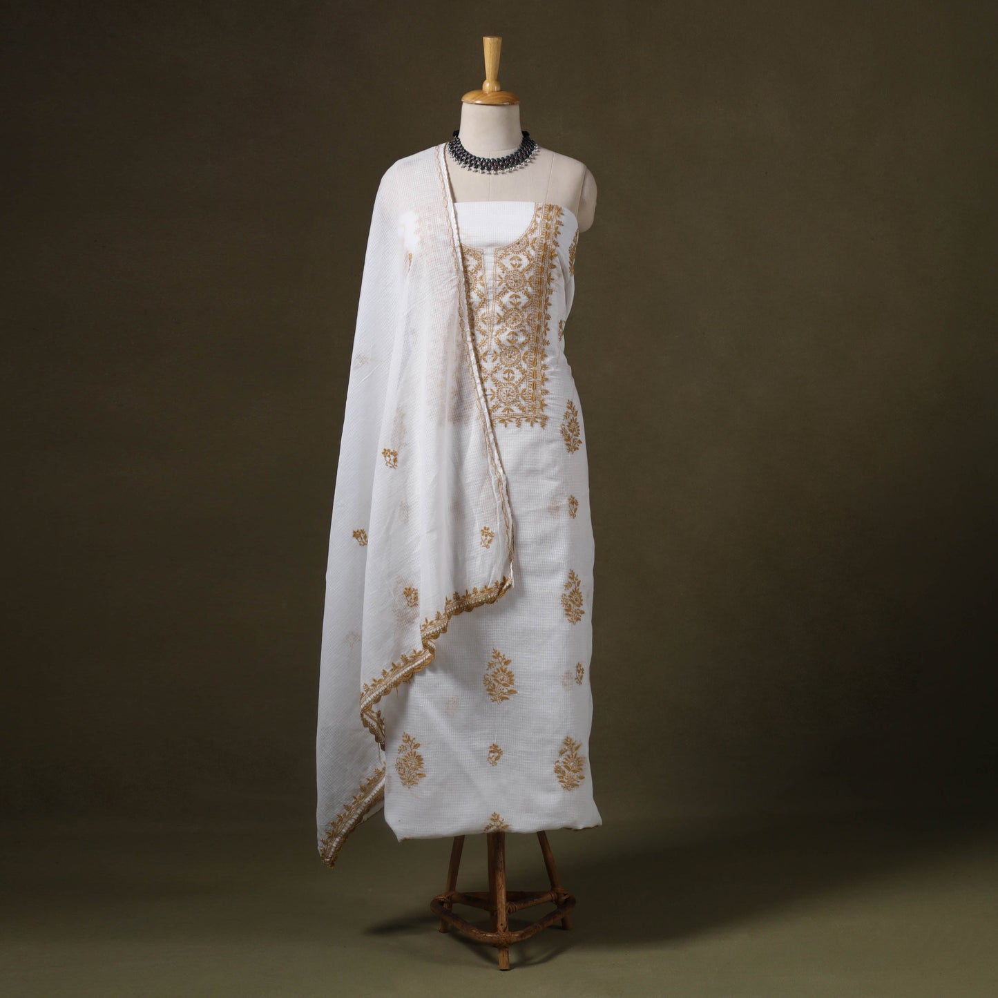 White 2pc Kota Doria Cotton Lucknow Chikankari Dress Material 