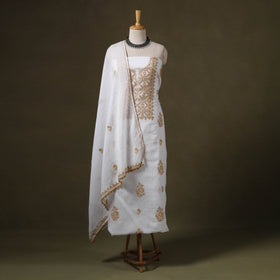 White 2pc Kota Doria Cotton Lucknow Chikankari Dress Material 