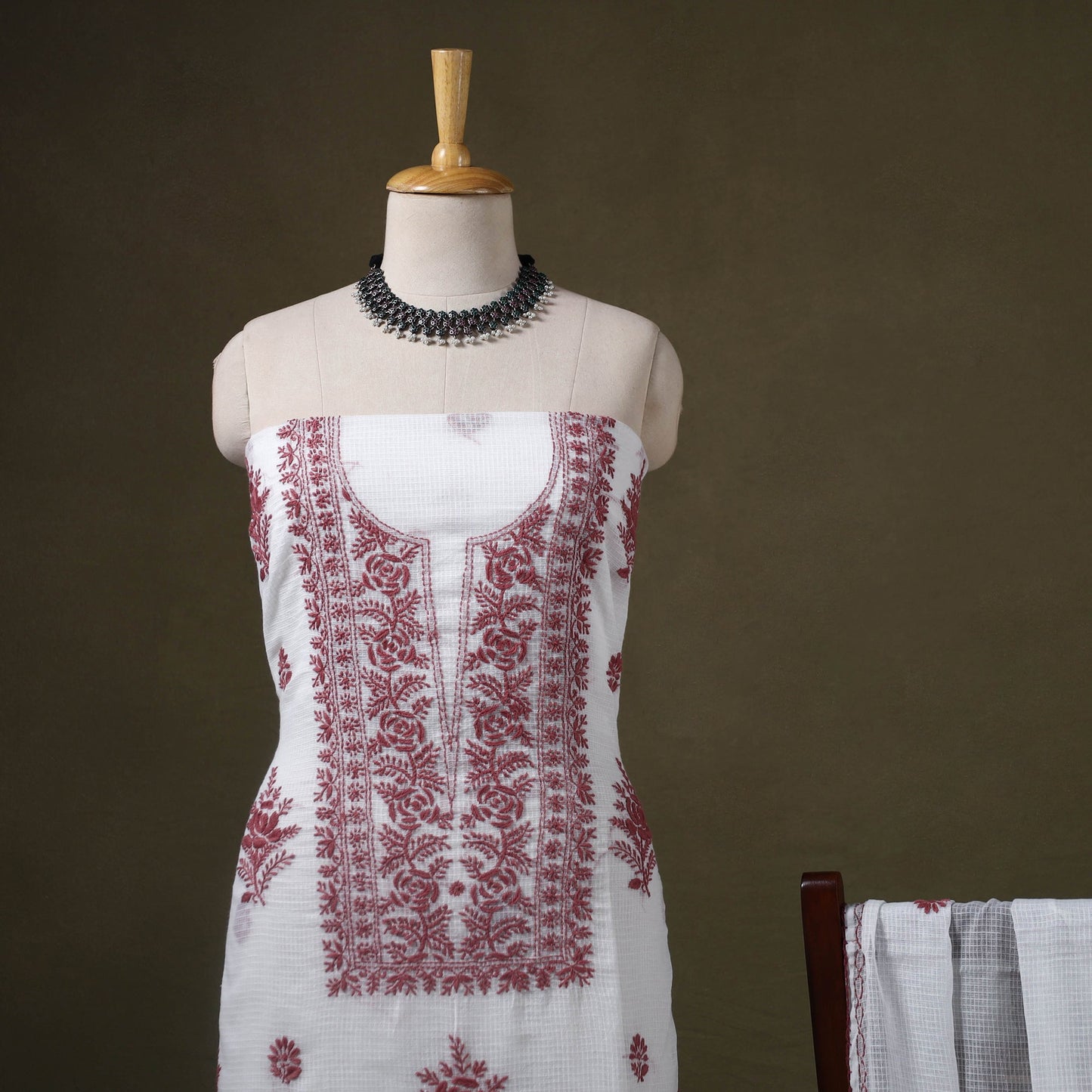 White - 2pc kota doria cotton lucknow chikankari unstitched