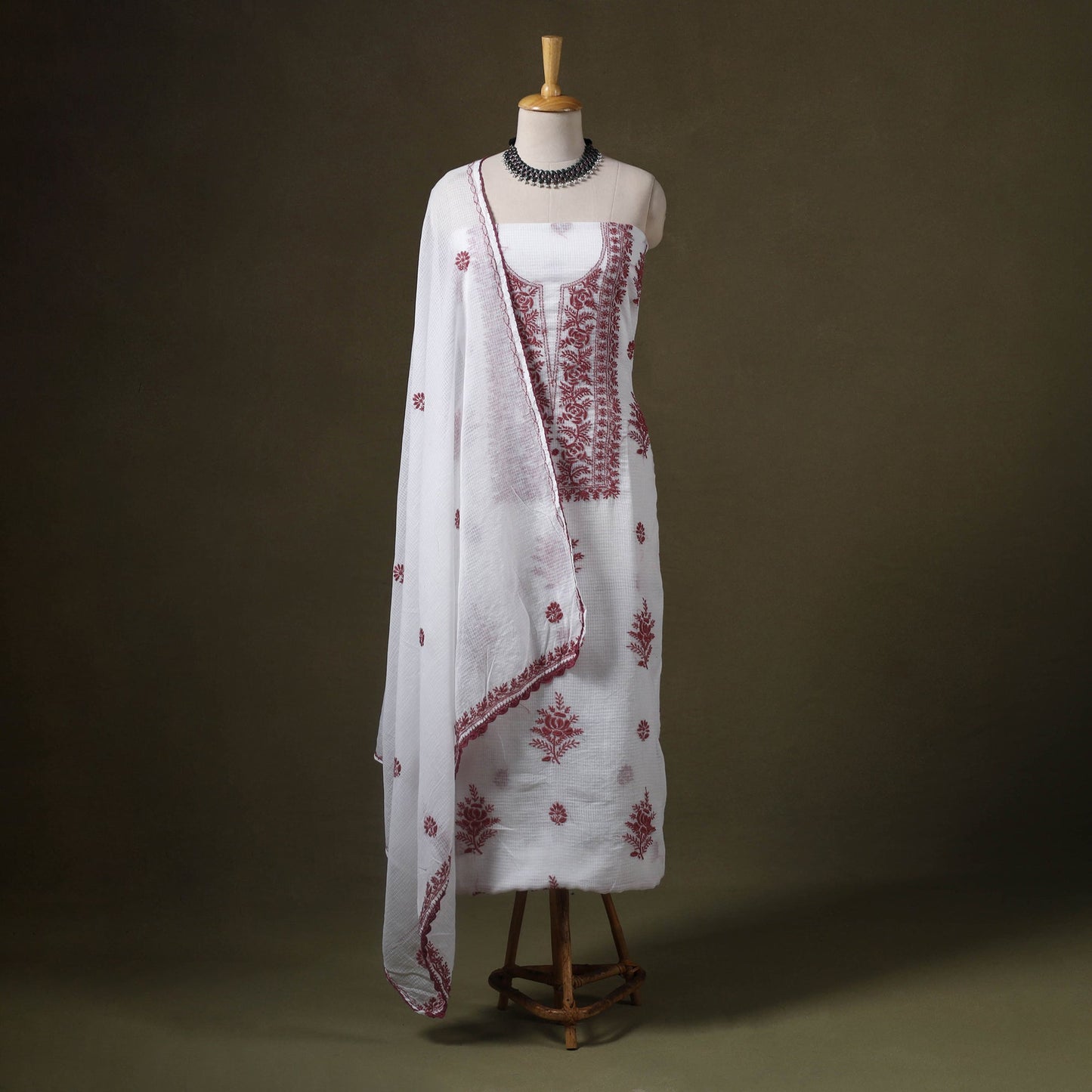 White - 2pc kota doria cotton lucknow chikankari unstitched