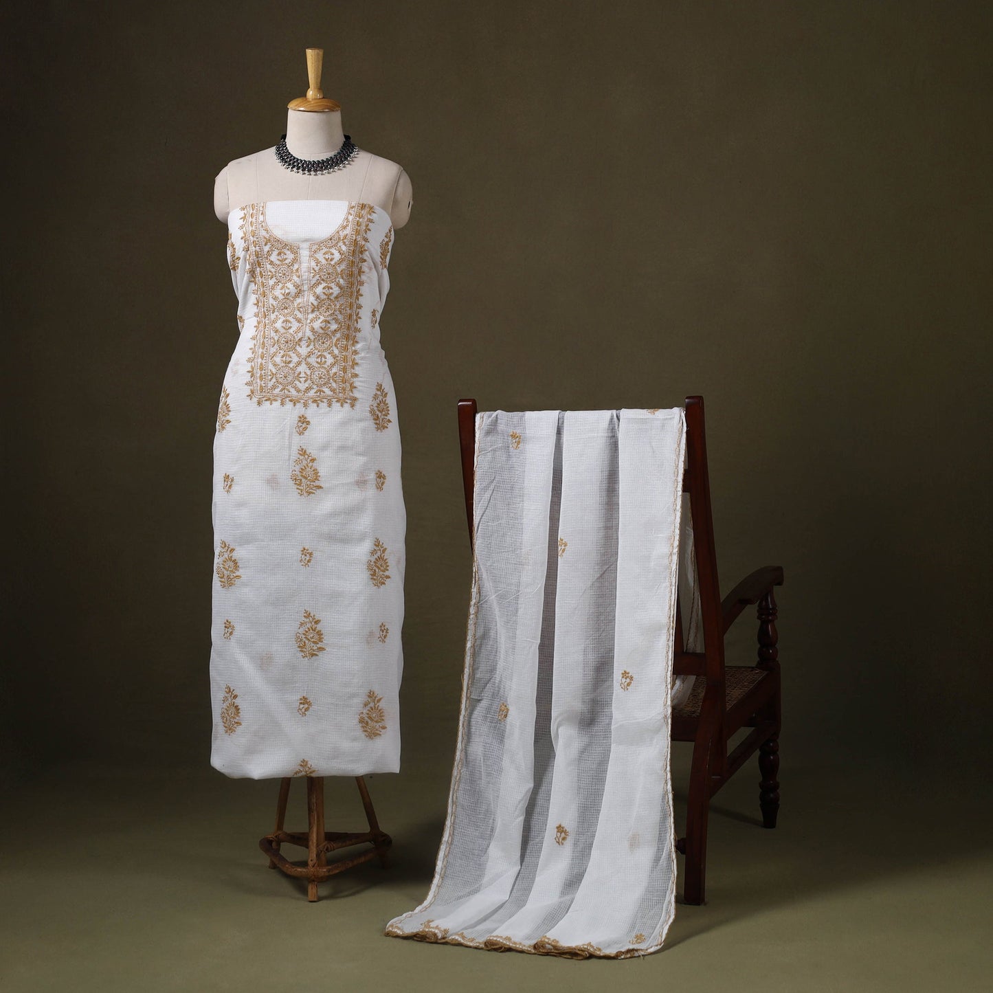 White 2pc Kota Doria Cotton Lucknow Chikankari Dress Material 