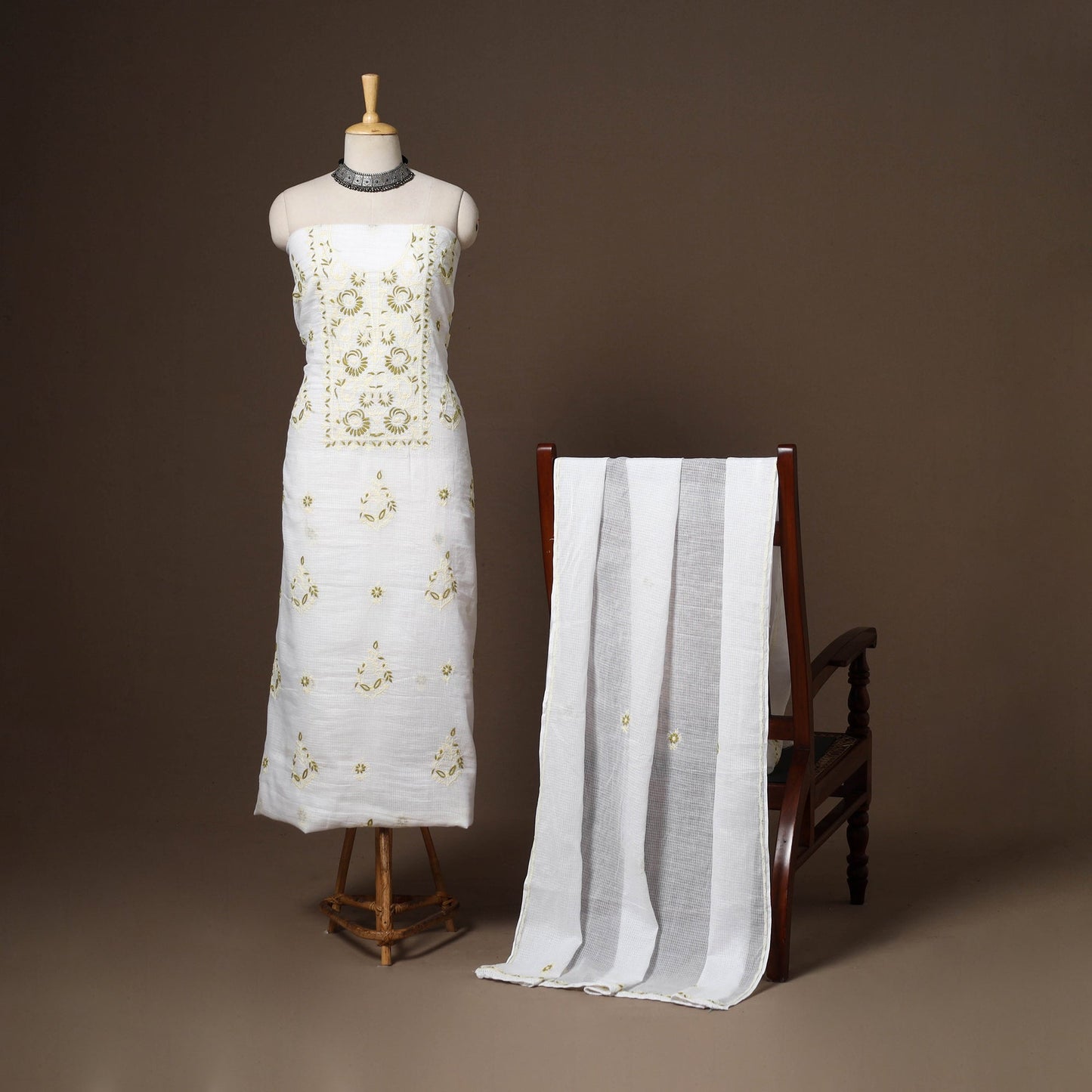 White - 2pc kota doria cotton unstitched lucknow chikankari