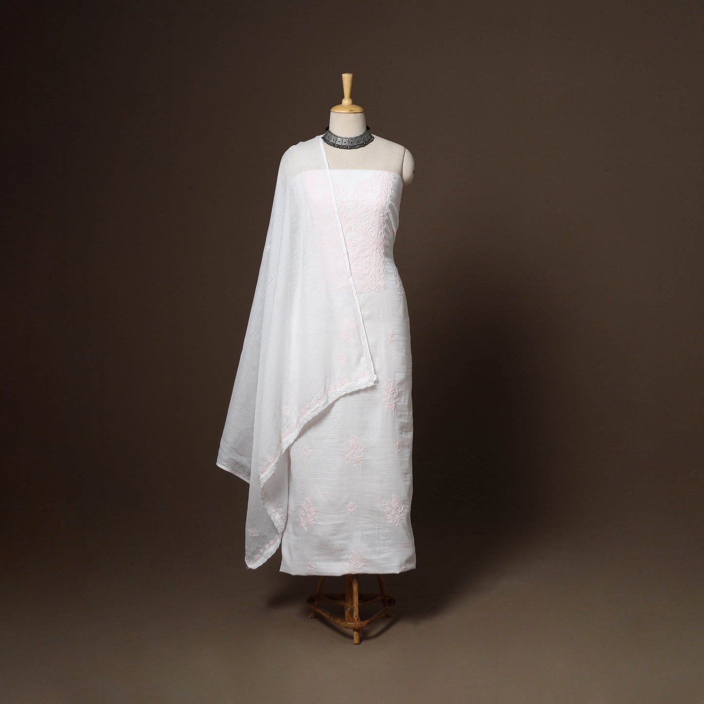 White - 2pc kota doria cotton unstitched lucknow chikankari