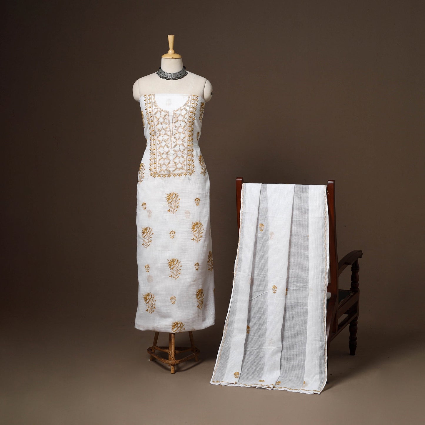 White - 2pc kota doria cotton unstitched lucknow chikankari