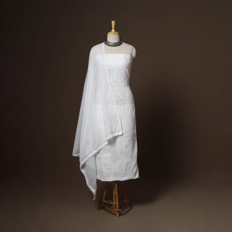 White - 2pc kota doria cotton unstitched lucknow chikankari