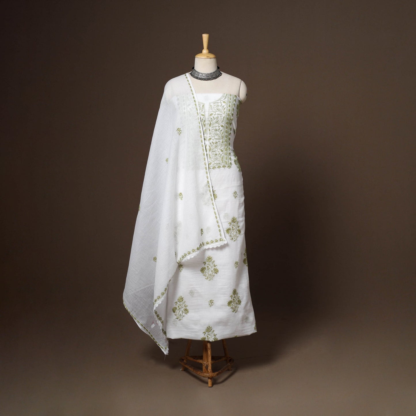 White - 2pc kota doria cotton unstitched lucknow chikankari