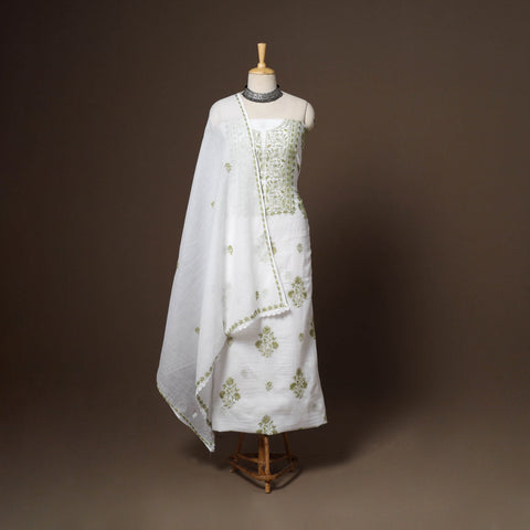 White - 2pc kota doria cotton unstitched lucknow chikankari