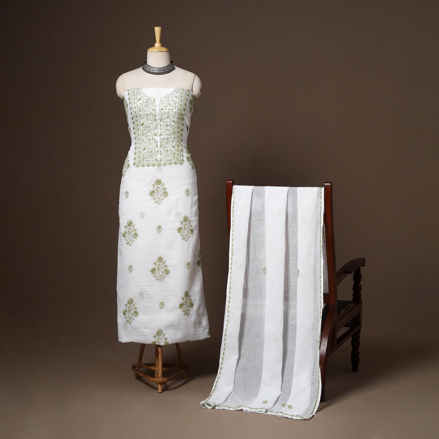 White - 2pc kota doria cotton unstitched lucknow chikankari