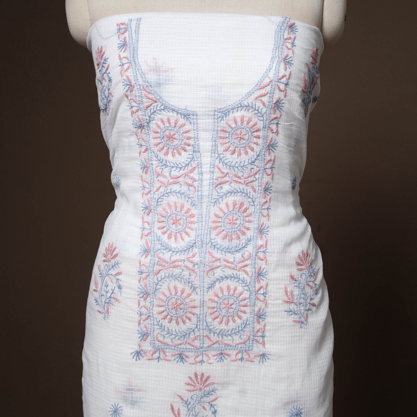 White - 2pc kota doria cotton unstitched lucknow chikankari