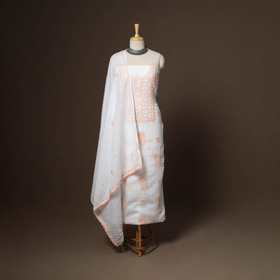 White - 2pc kota doria cotton unstitched lucknow chikankari