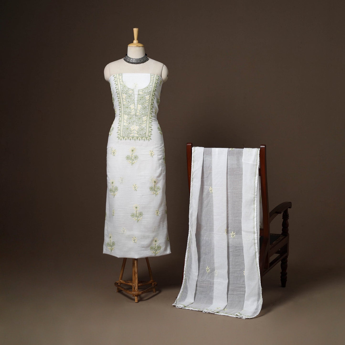 White - 2pc kota doria cotton unstitched lucknow chikankari