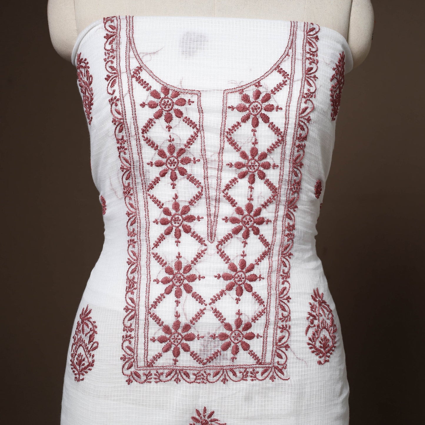 White - 2pc kota doria cotton unstitched lucknow chikankari