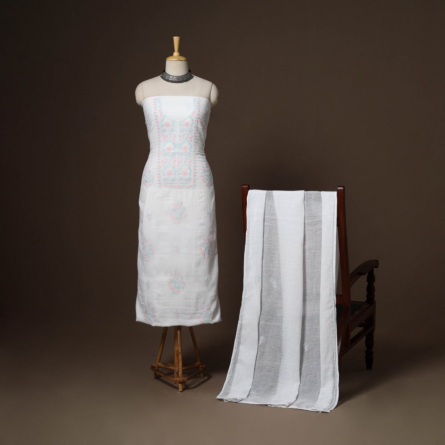 White - 2pc kota doria cotton unstitched lucknow chikankari