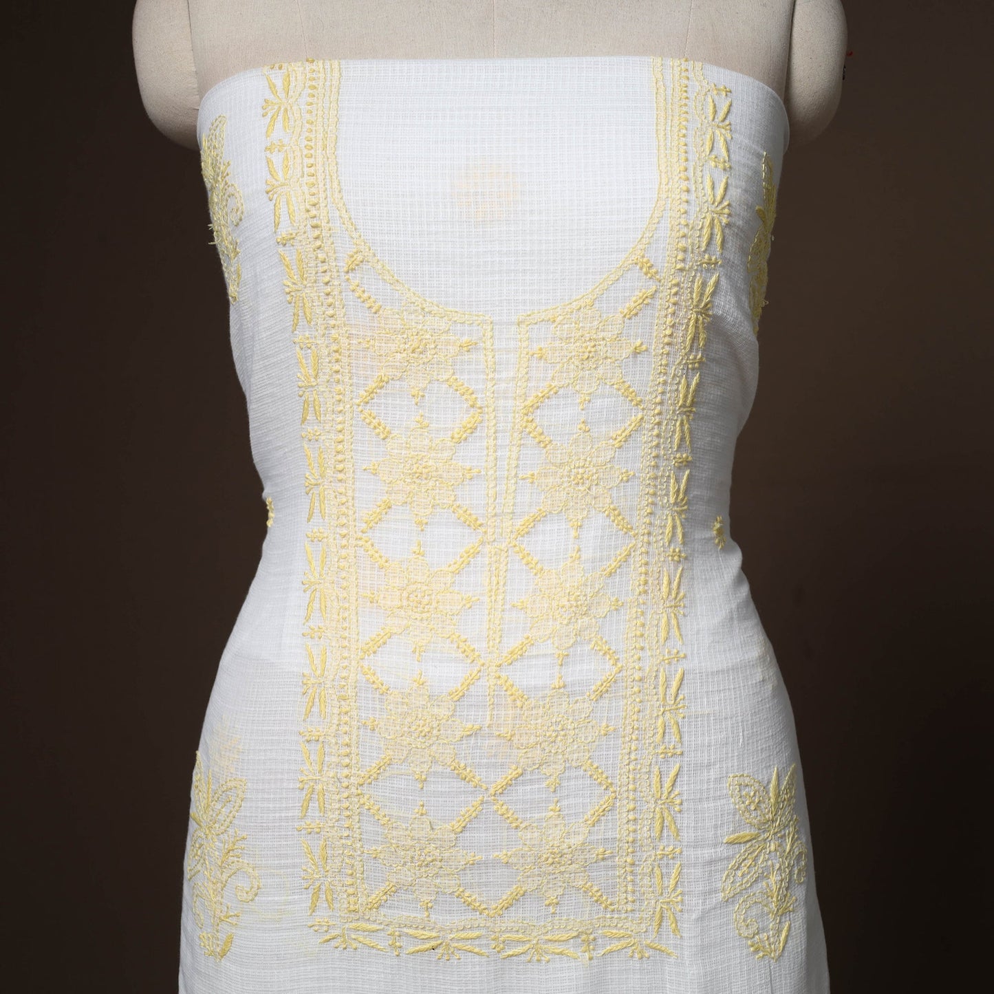 White - 2pc kota doria cotton unstitched lucknow chikankari