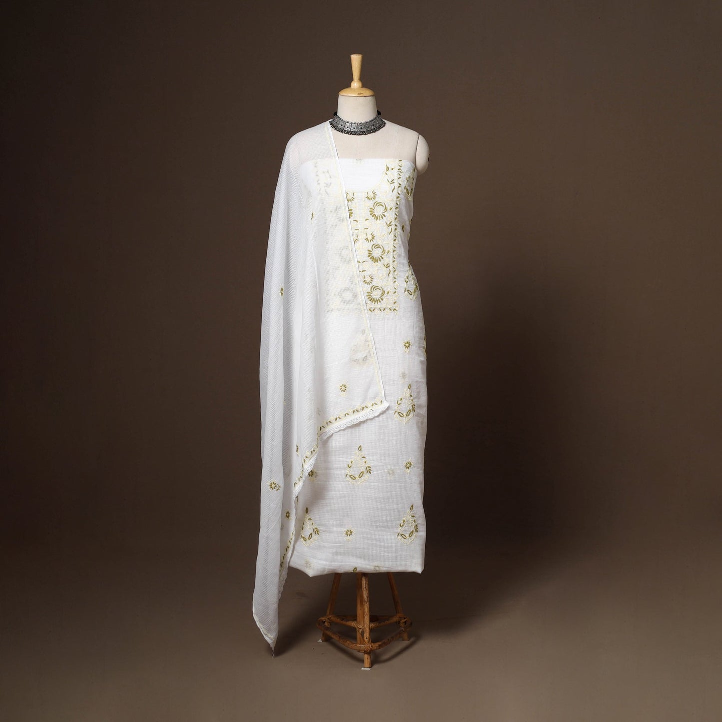 White - 2pc kota doria cotton unstitched lucknow chikankari