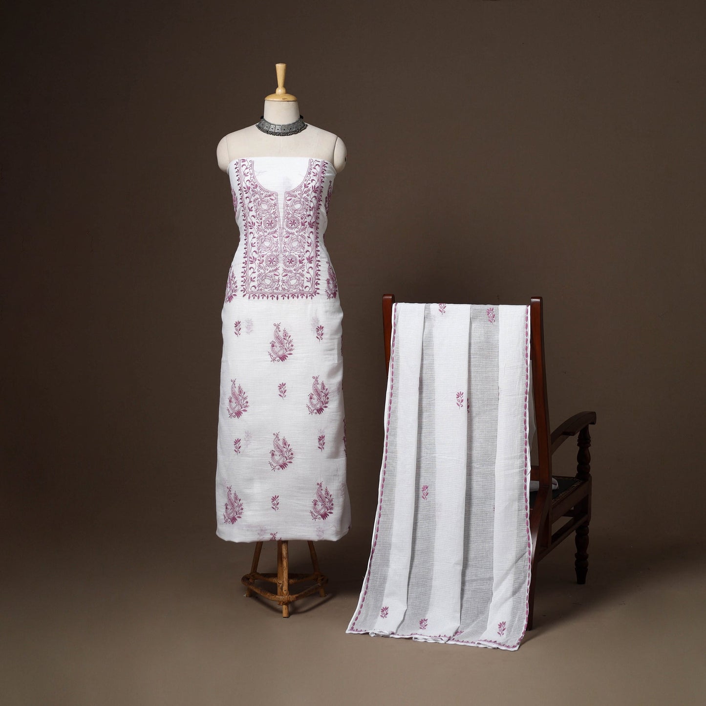 White - 2pc kota doria cotton unstitched lucknow chikankari