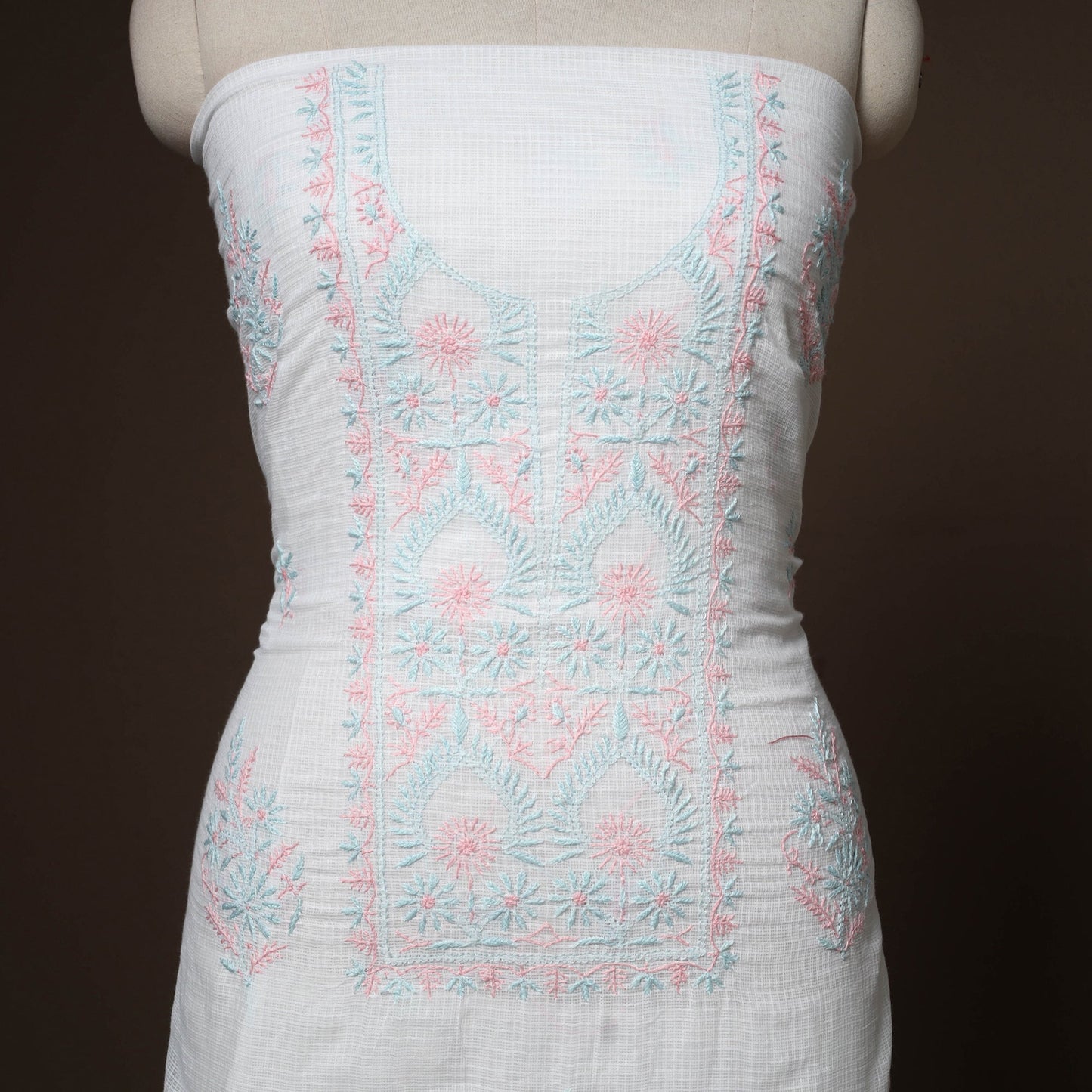 White - 2pc kota doria cotton unstitched lucknow chikankari