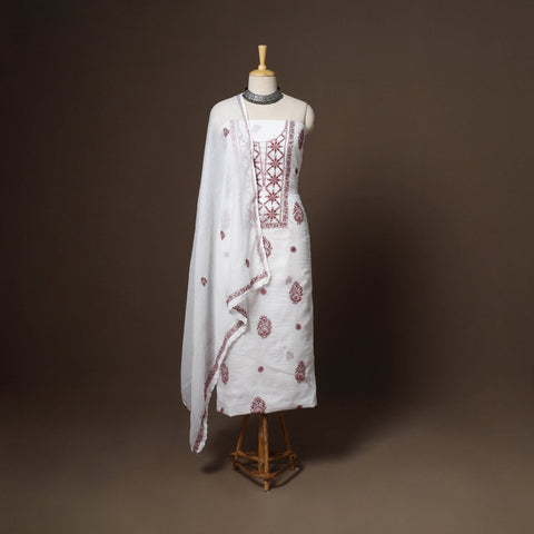 White - 2pc kota doria cotton unstitched lucknow chikankari