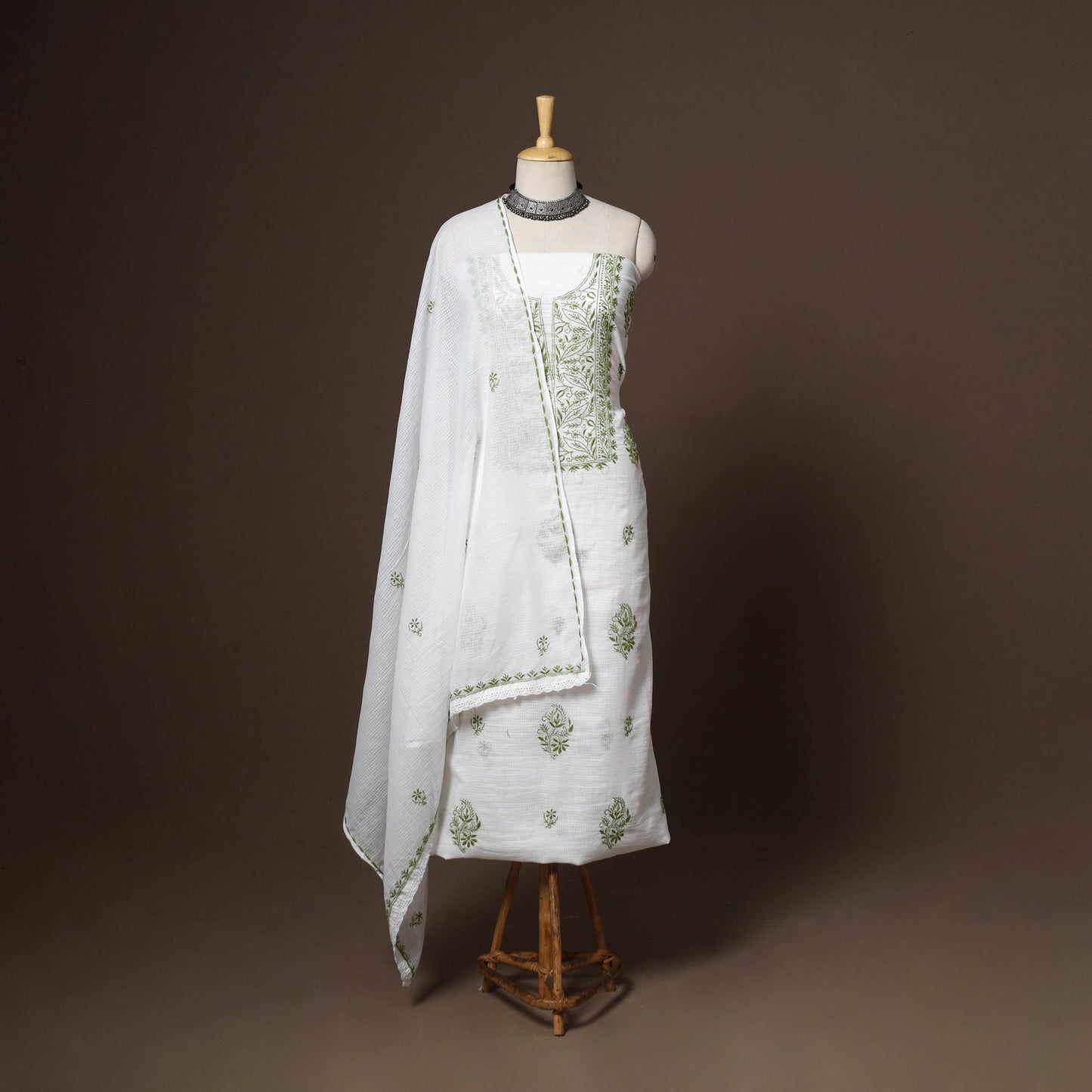 White - 2pc kota doria cotton unstitched lucknow chikankari