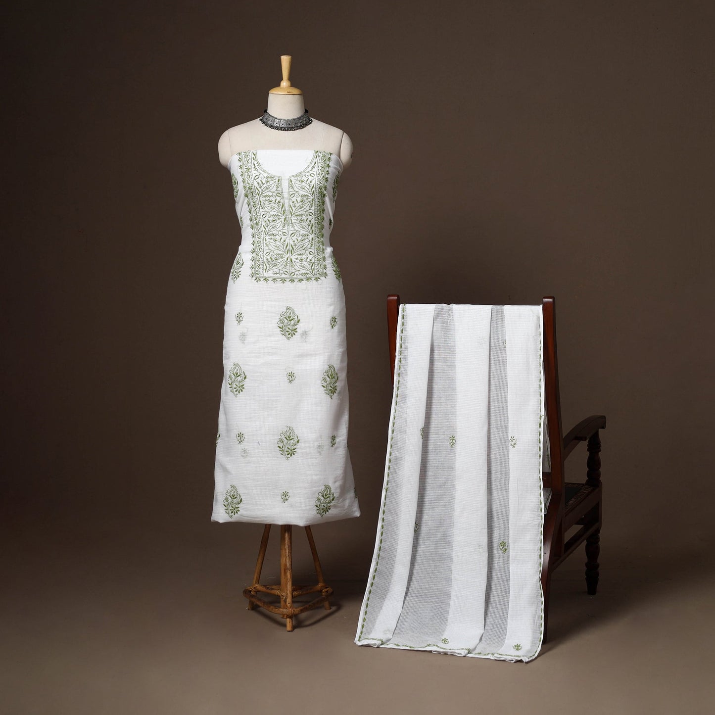 White - 2pc kota doria cotton unstitched lucknow chikankari