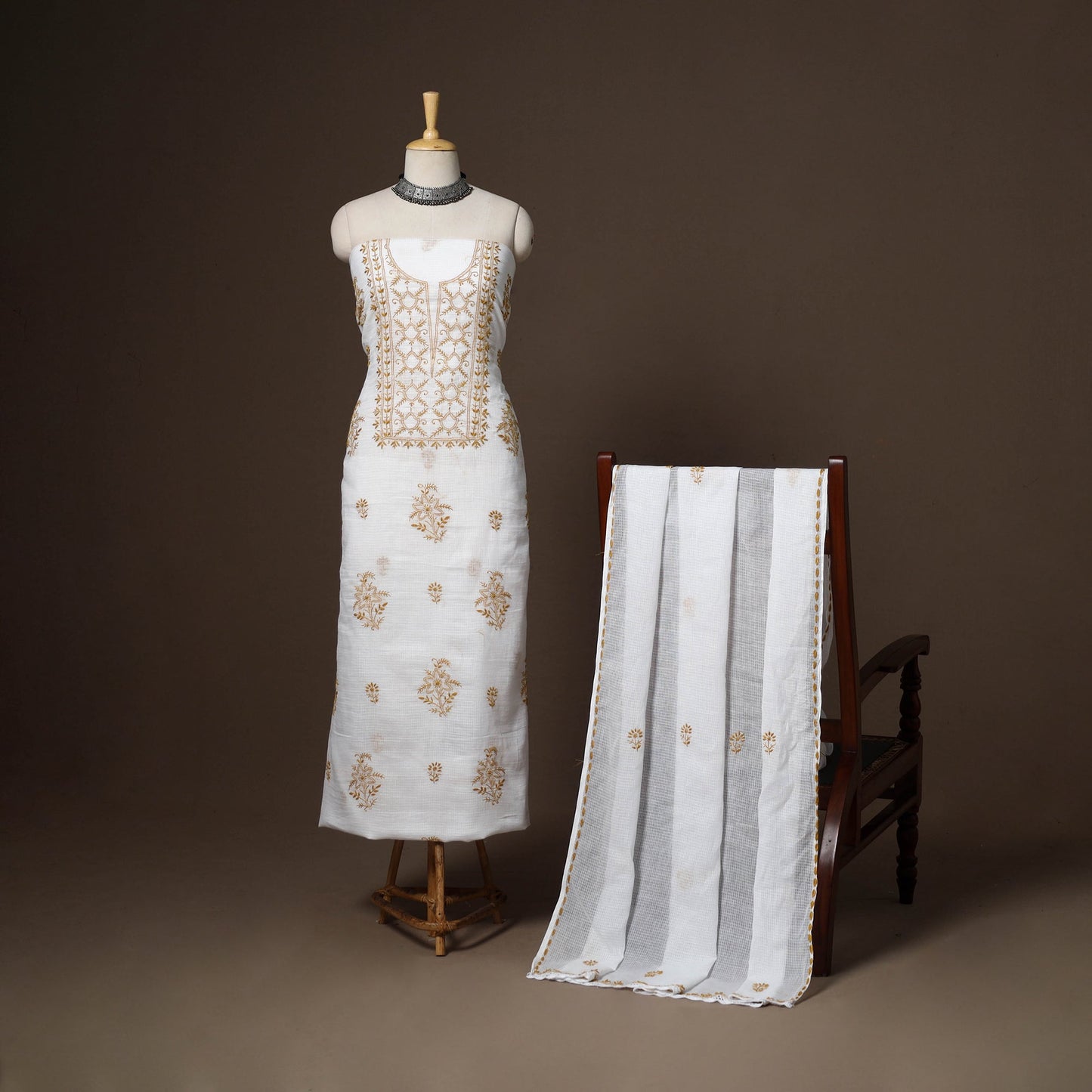 White - 2pc kota doria cotton unstitched lucknow chikankari