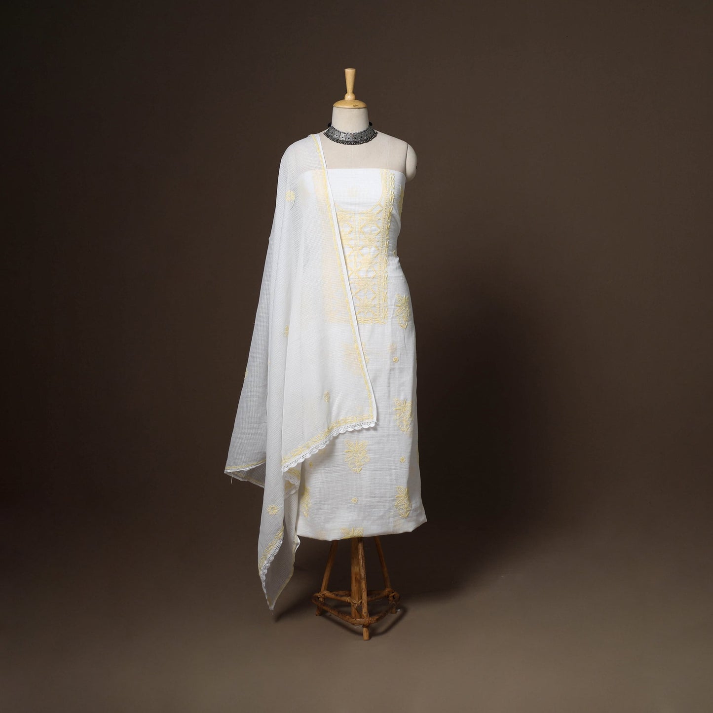 White - 2pc kota doria cotton unstitched lucknow chikankari