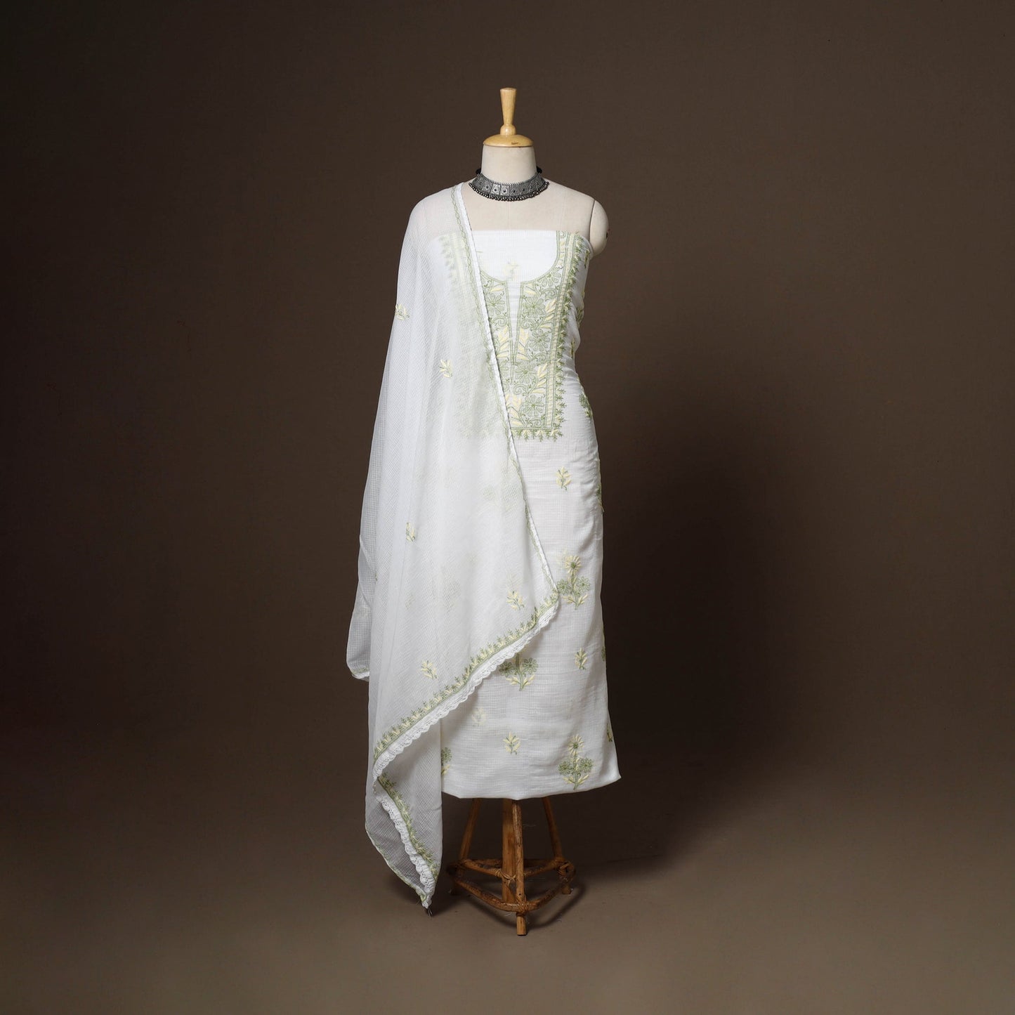 White - 2pc kota doria cotton unstitched lucknow chikankari