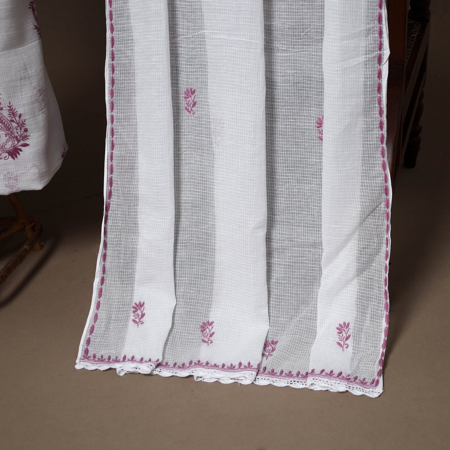 White - 2pc kota doria cotton unstitched lucknow chikankari