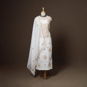 White - 2pc kota doria cotton unstitched lucknow chikankari
