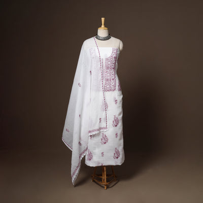 White - 2pc kota doria cotton unstitched lucknow chikankari