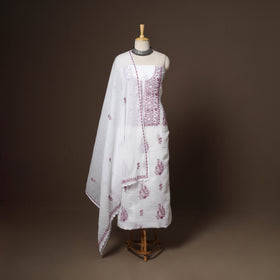 White - 2pc kota doria cotton unstitched lucknow chikankari