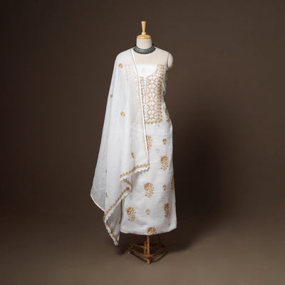 White - 2pc kota doria cotton unstitched lucknow chikankari