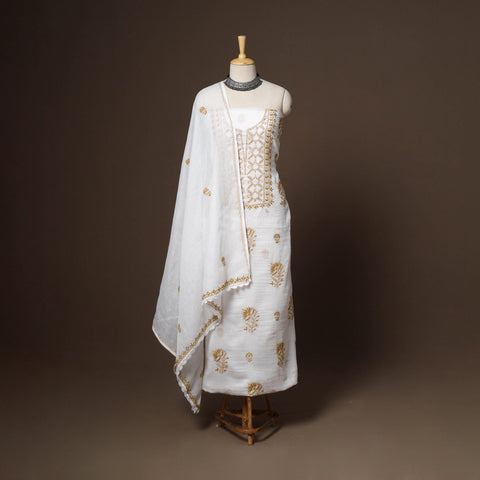 White - 2pc kota doria cotton unstitched lucknow chikankari