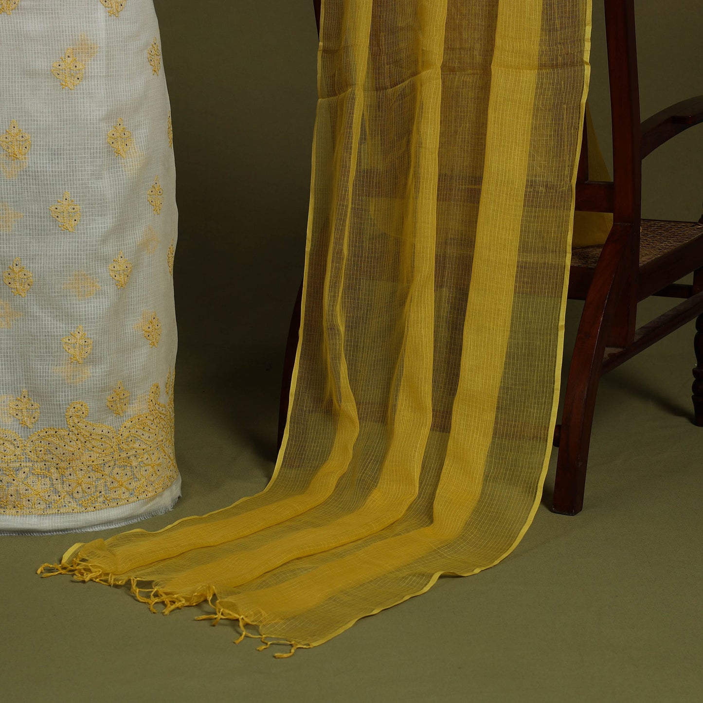 2pc White Mukaish Hand Embroidery Kota Doria Chikankari Dress Material 