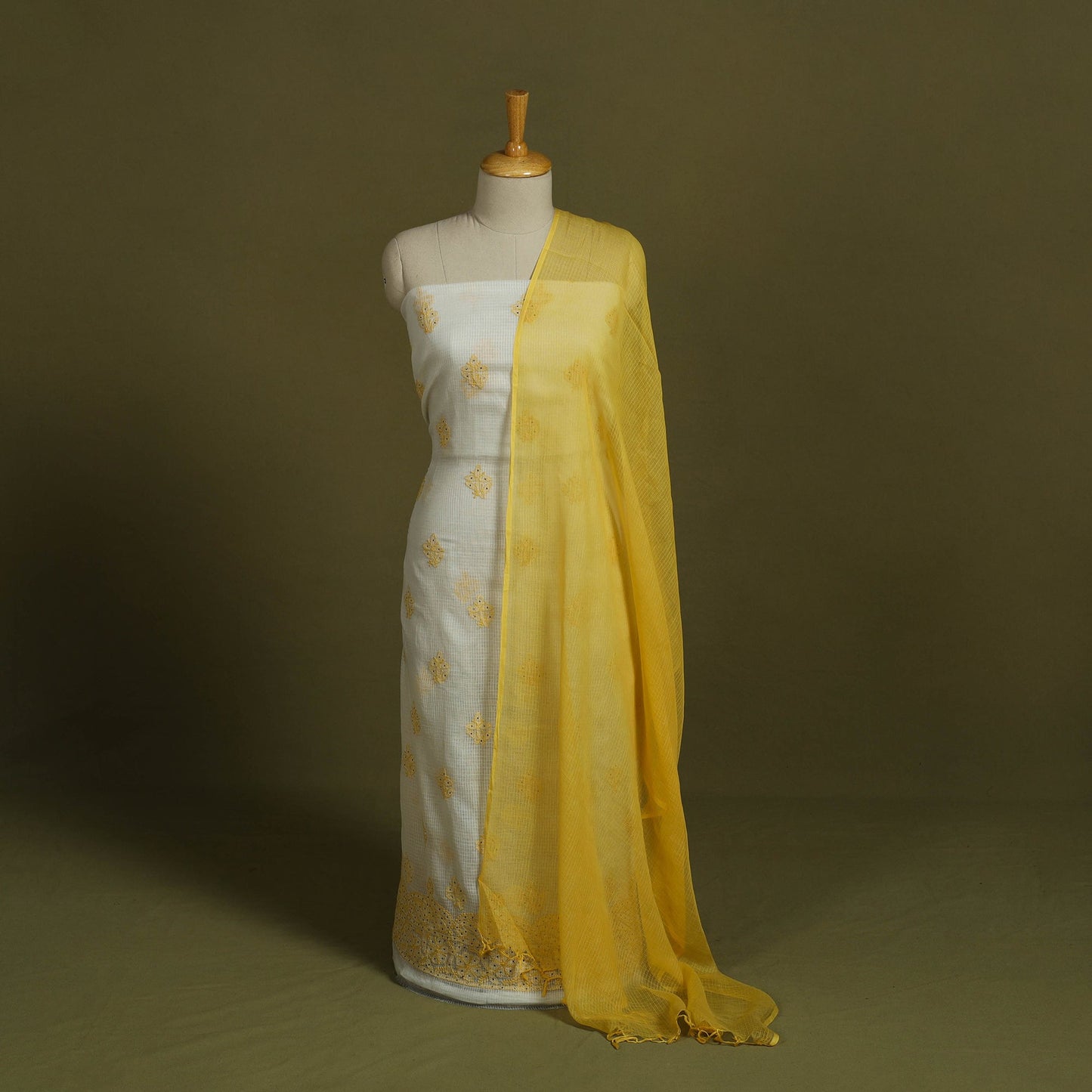 2pc White Mukaish Hand Embroidery Kota Doria Chikankari Dress Material 