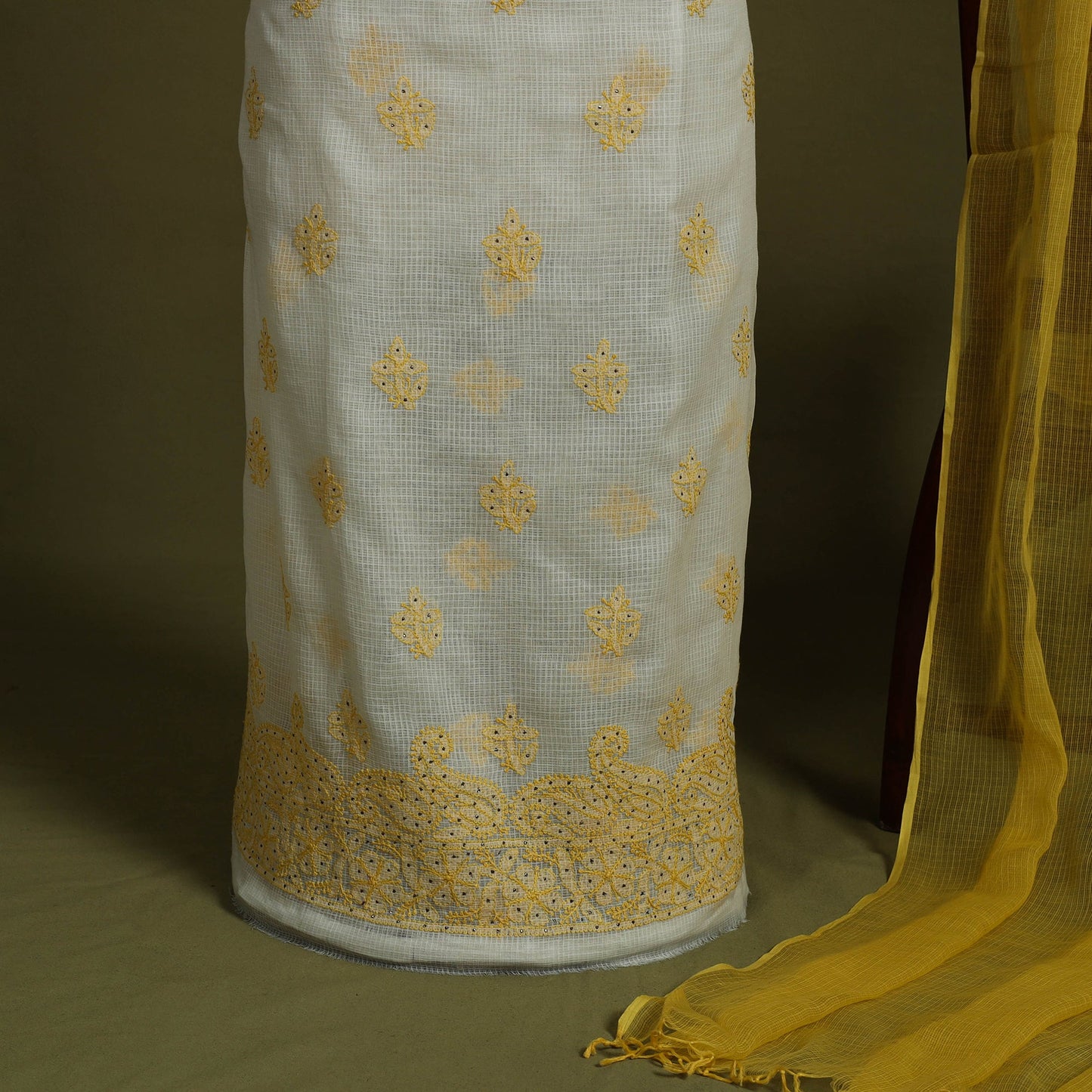 2pc White Mukaish Hand Embroidery Kota Doria Chikankari Dress Material 