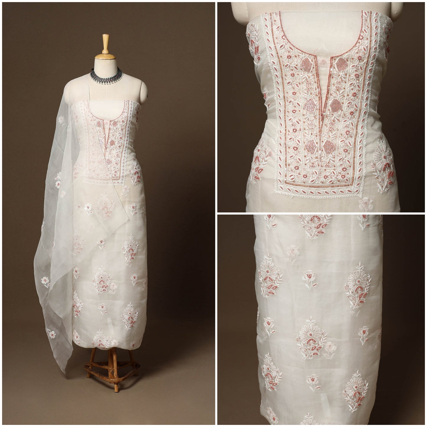 White - 2pc organza silk unstitched hand beads work heavy