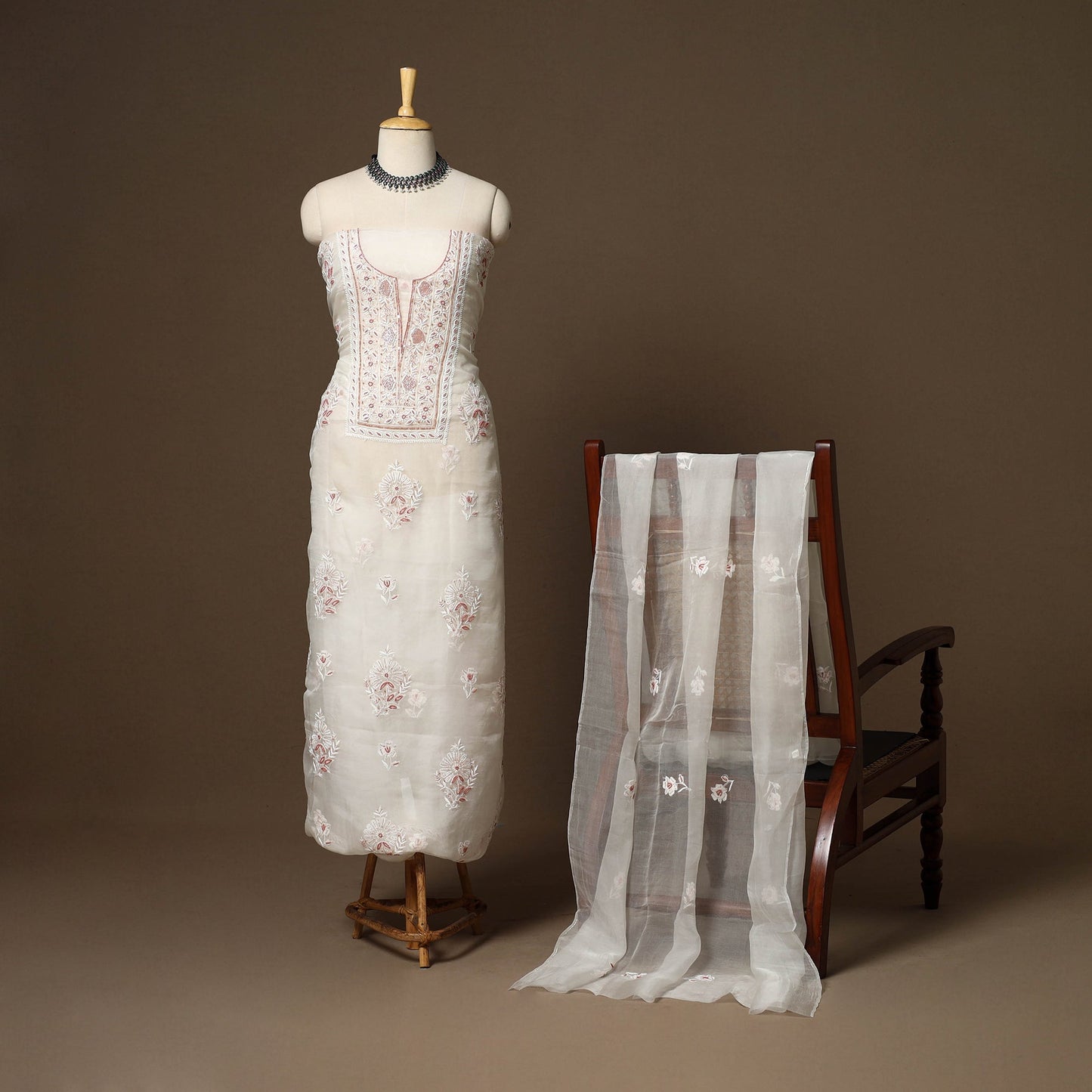 White - 2pc organza silk unstitched hand beads work heavy