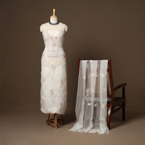 White - 2pc organza silk unstitched hand beads work heavy