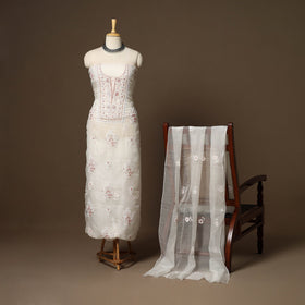 White - 2pc organza silk unstitched hand beads work heavy