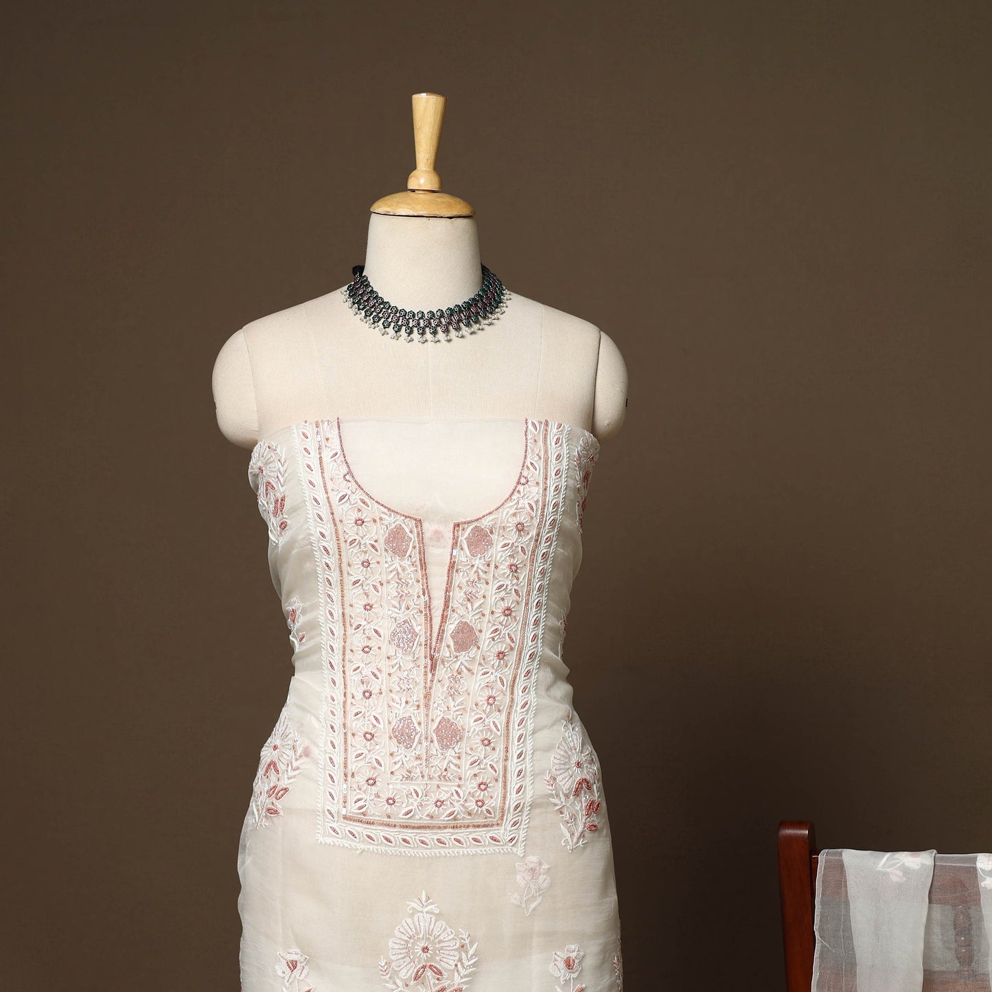 White - 2pc organza silk unstitched hand beads work heavy