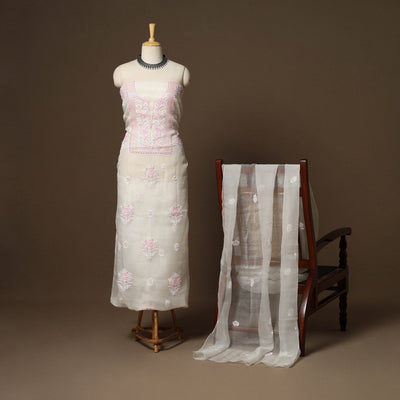 White - 2pc organza silk unstitched hand beads work heavy