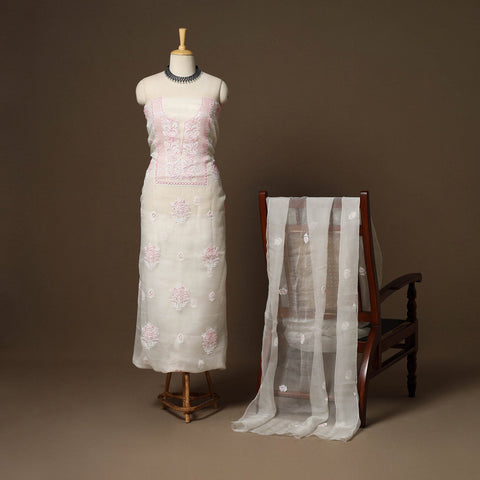 White - 2pc organza silk unstitched hand beads work heavy