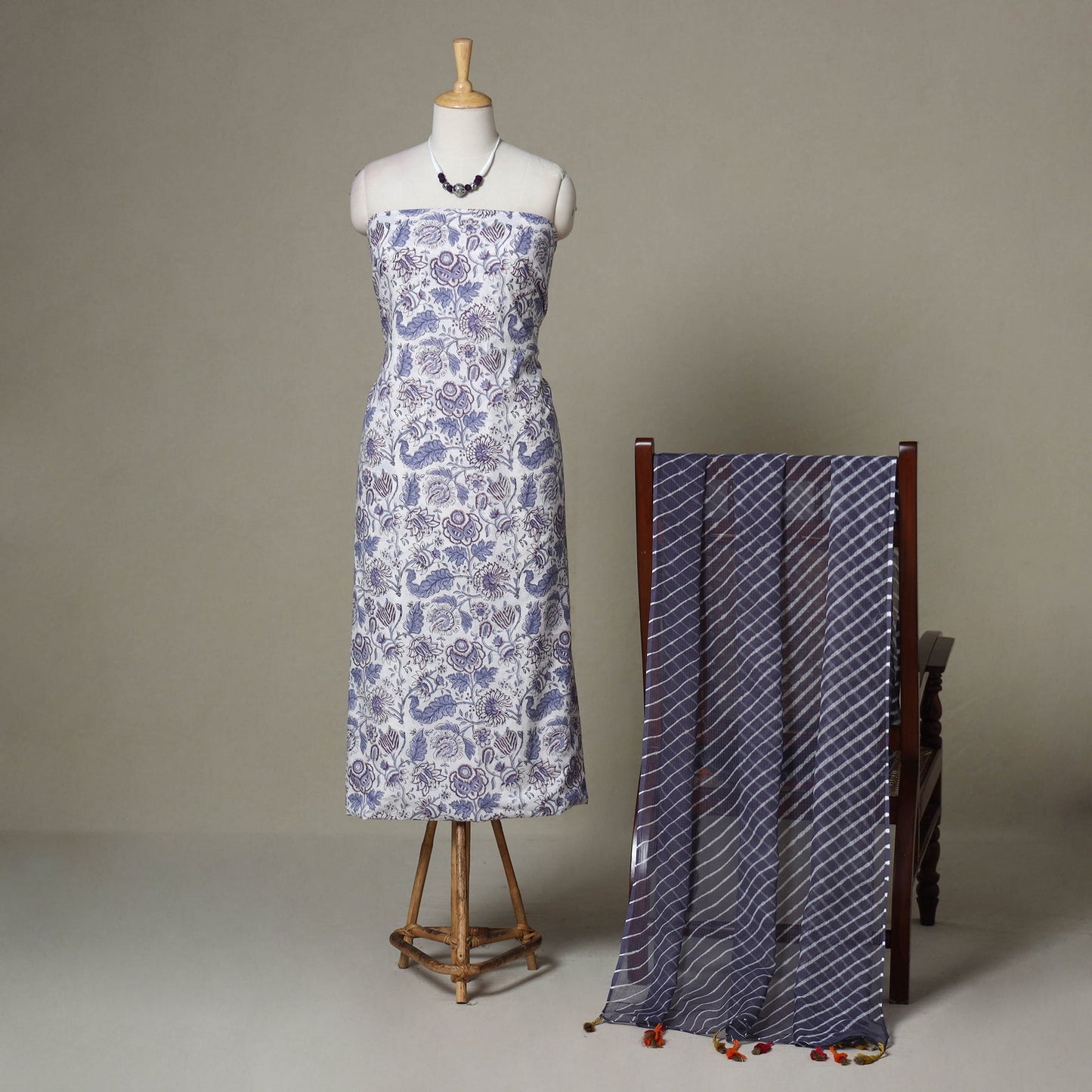 White - 2pc unstitched sanganeri dress material