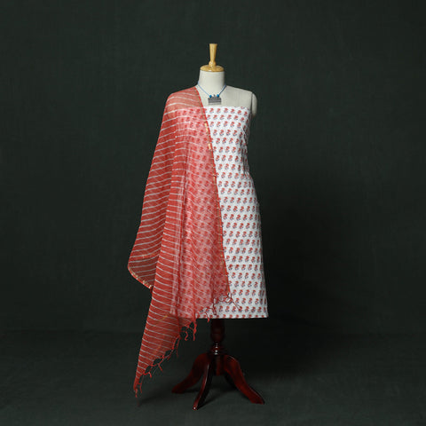 White - 2pc unstitched sanganeri print dress material