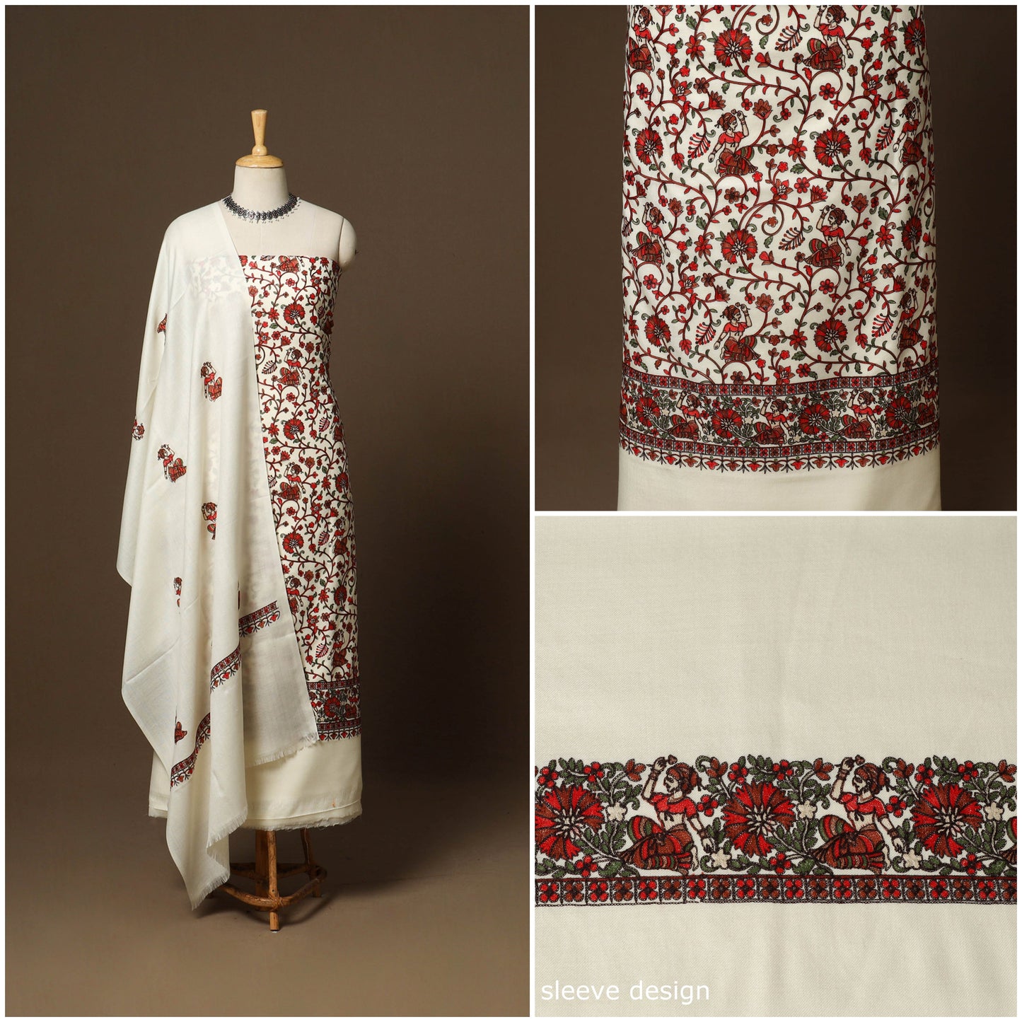 White - 3pc chain stitch aari hand embroidered merino wool