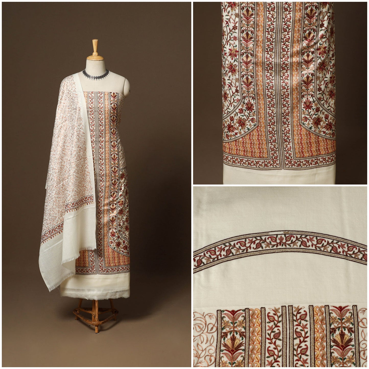 White - 3pc chain stitch hand embroidered merino wool