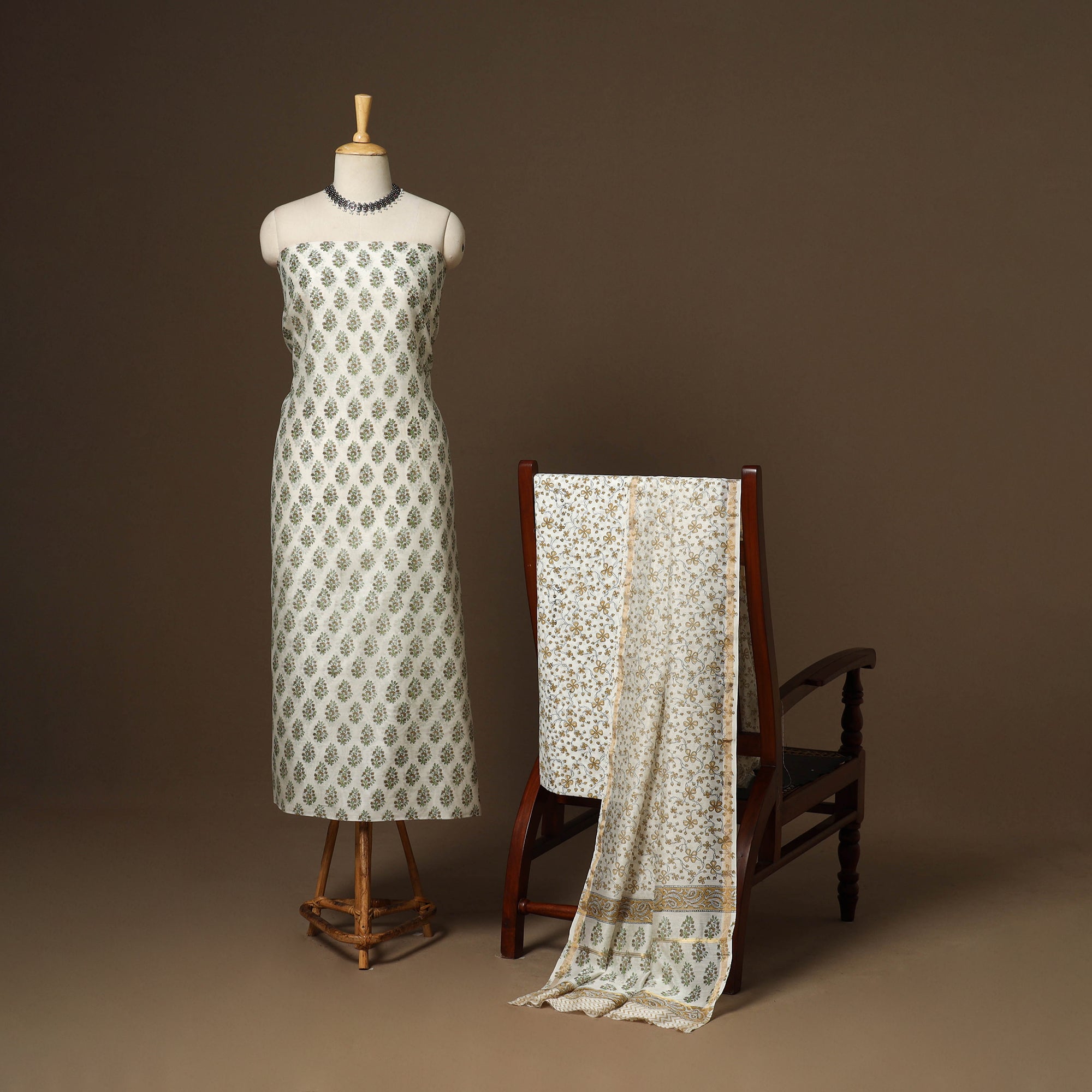 White - Hand Block Print Sanganeri Cotton 3pc Unstitched Dress Material 15