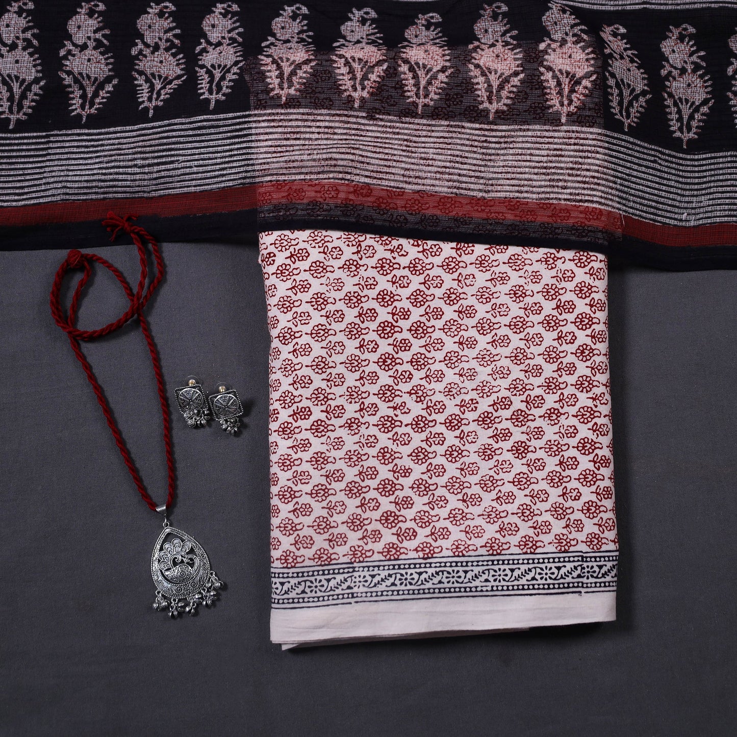 White 3pc Cotton Bagh Print Dress Material with Jewellery Set 